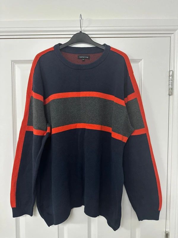 Men’s XXL Redherring jumper, navy blue base with contrasting orange and grey horizontal stripes.