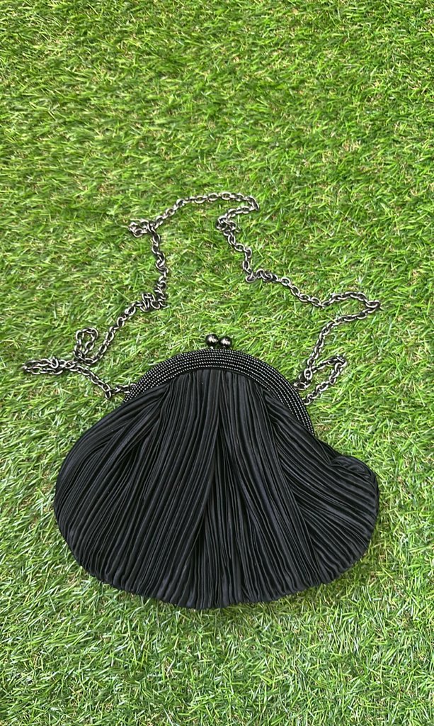 Franchi Black Pleated Evening Handbag with Chain Strap