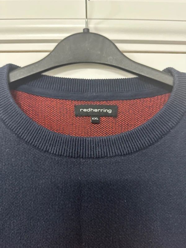 Men’s XXL Redherring jumper, navy blue base with contrasting orange and grey horizontal stripes.