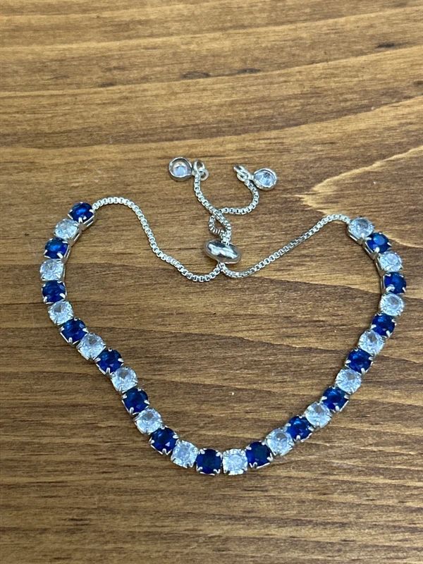 Blue and white Crystal Tennis Box chain silver tone adjustable bracelet