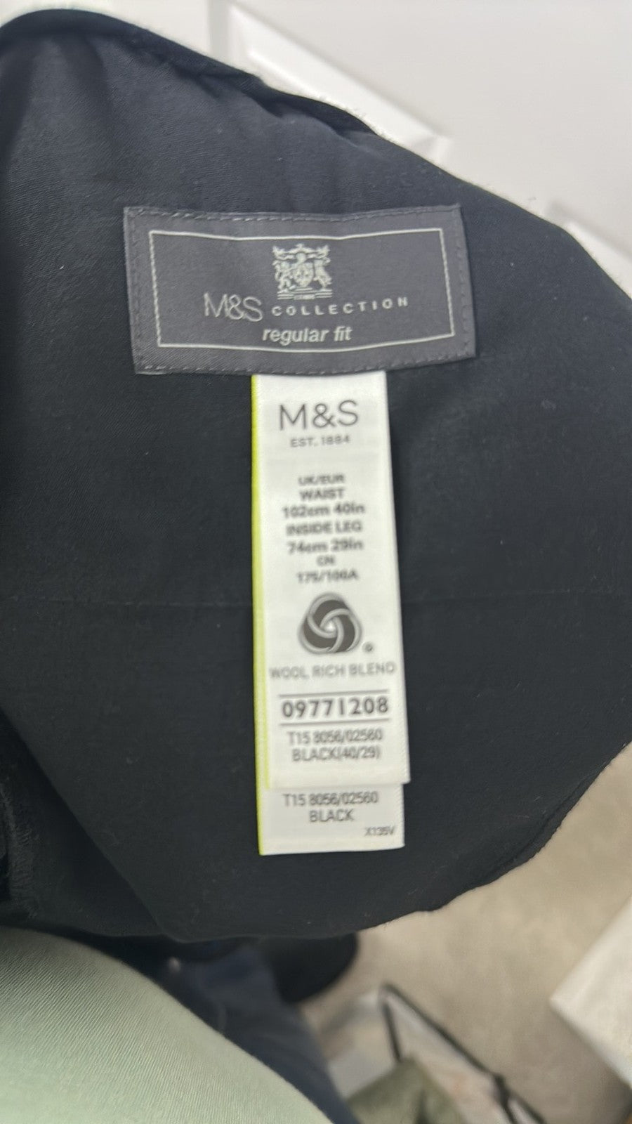 M&S Collection Men's Black Wool Rich Blend Regular Fit Suit Trouser size 40/29