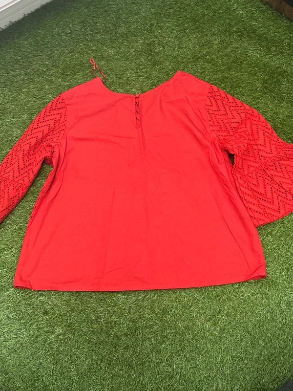 Papaya red broderie anglaise bell sleeve top size 12