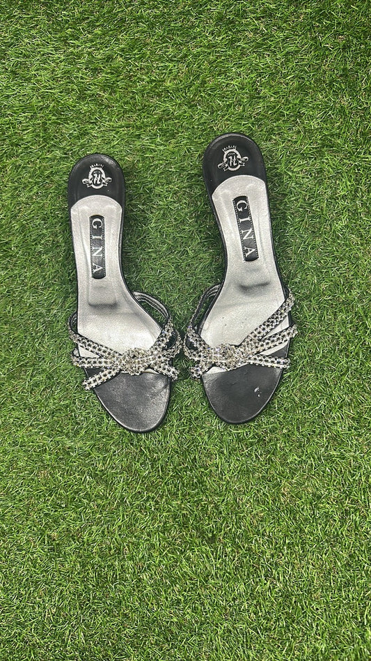 Gina London Crystal Embellished Black Leather Heeled Sandals size 6