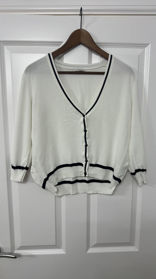RIANI White Fine Knit Button-Up Cardigan with Navy Tipping size 10