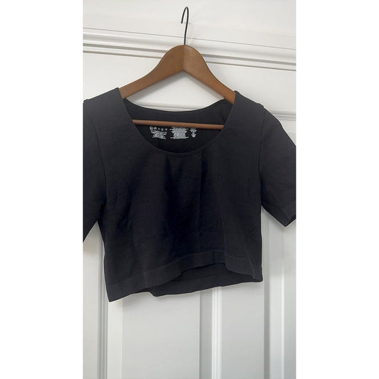 Black Ribbed Scoop-Neck Crop Top Short Sleeve Size XL Women's Casual Stretch