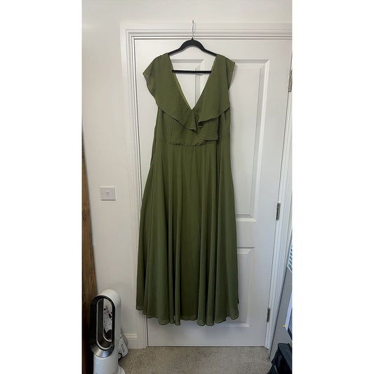 Duntery Olive Green Ruffle V-Neck Chiffon Bridesmaid Maxi Dress 160cm length 12