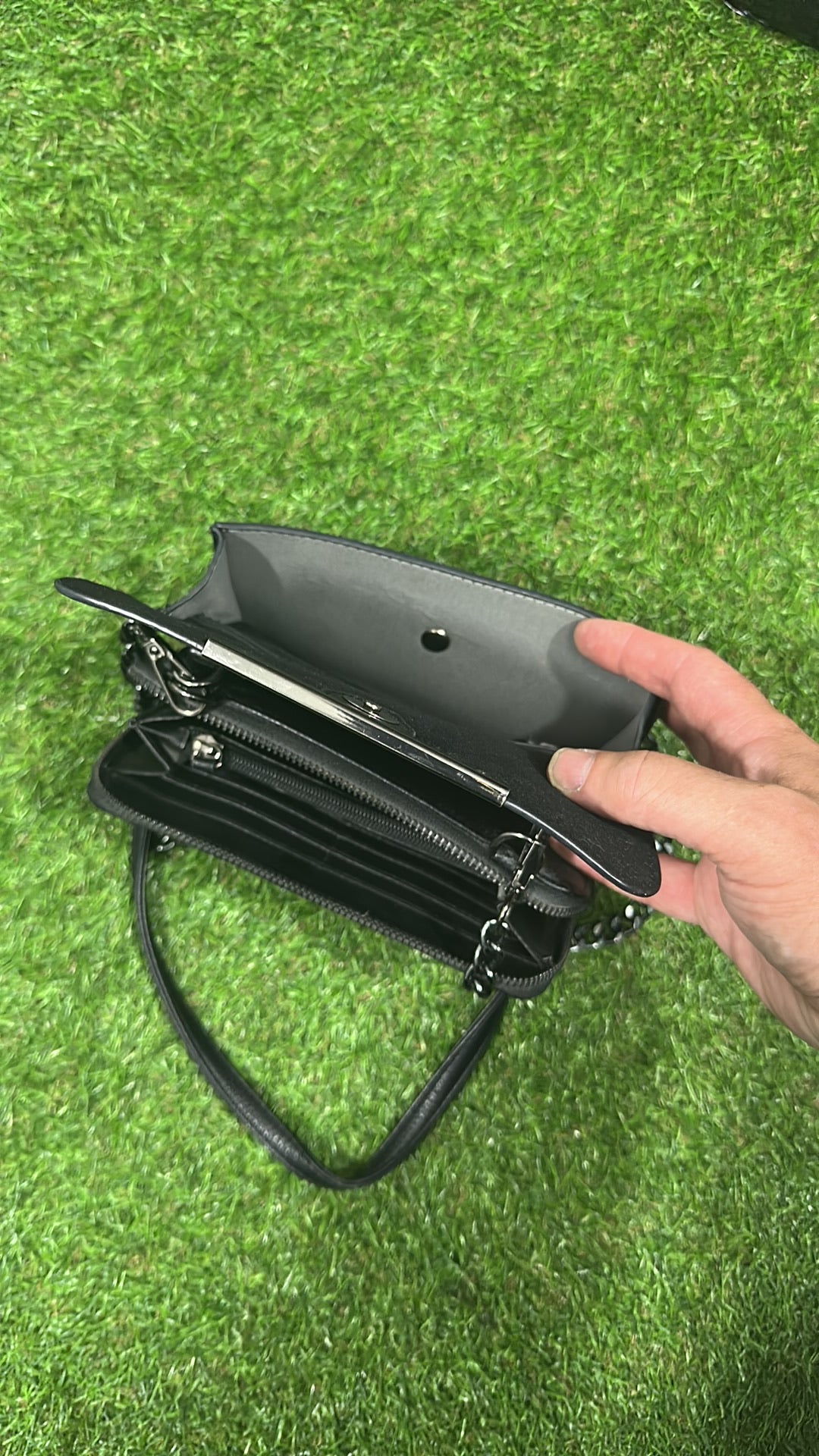 L.Credi Black Pebbled Faux Leather Crossbody Bag with Chain Detail