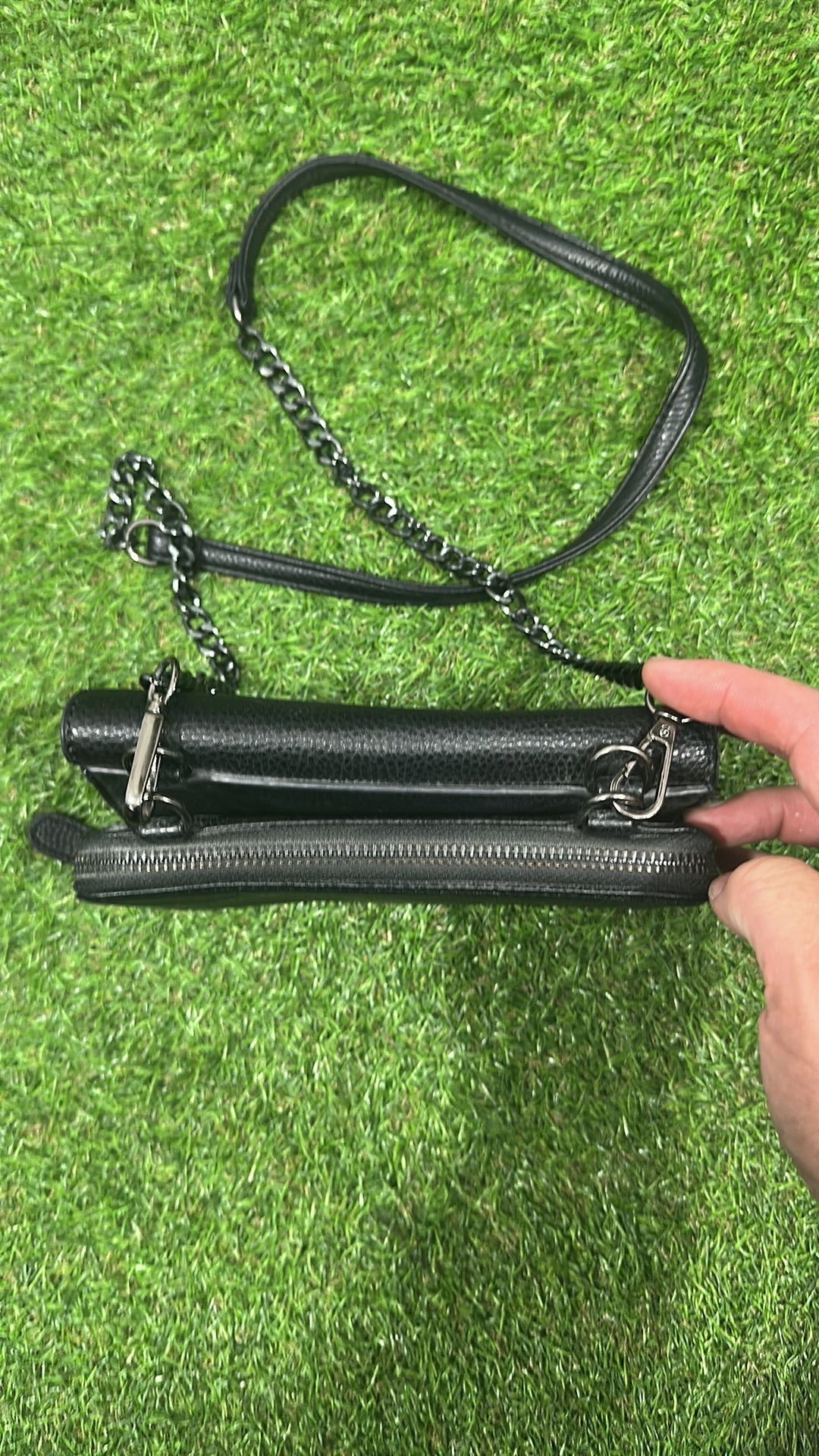 L.Credi Black Pebbled Faux Leather Crossbody Bag with Chain Detail