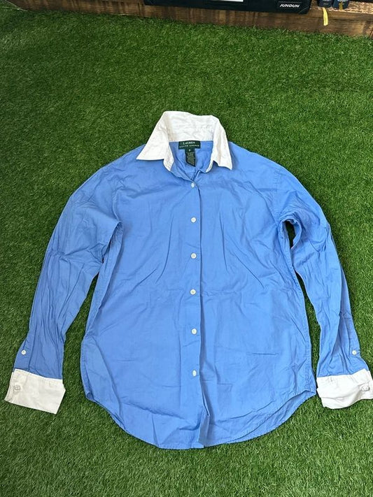 Lauren Ralph Lauren cotton shirt features a contrasting white collar and extended cuffs size 8