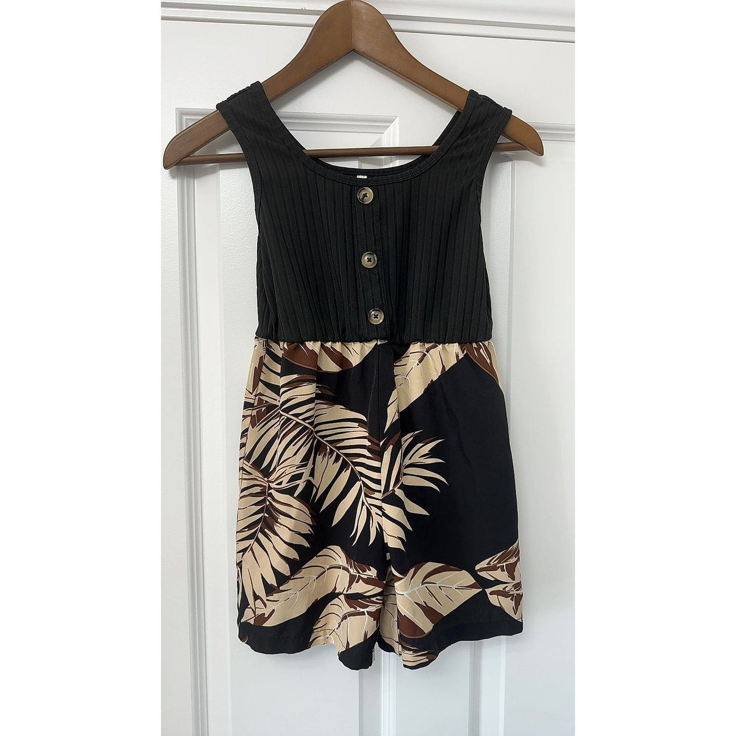 Girls Tropical Palm Print Romper Playsuit Black Ribbed Bodice Size 140 9/10