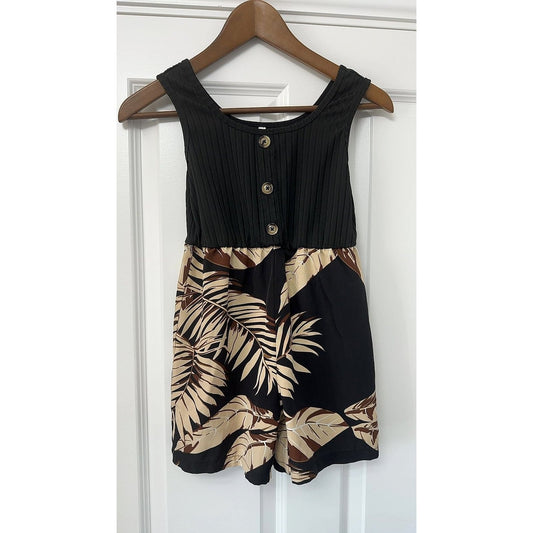 Girls Tropical Palm Print Romper Playsuit Black Ribbed Bodice Size 140 9/10