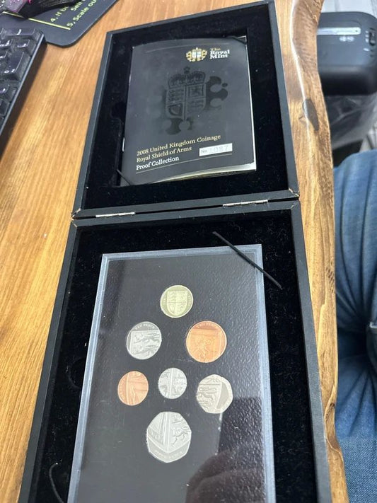 2008 Royal Mint UK Proof Coin Set featuring the Royal Shield of Arms designs.