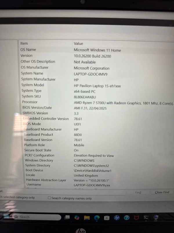 HP Pavilion Laptop 15-eh1xxx running Windows 11 with 16GB of RAM and an AMD Ryzen 7 5700U processor.