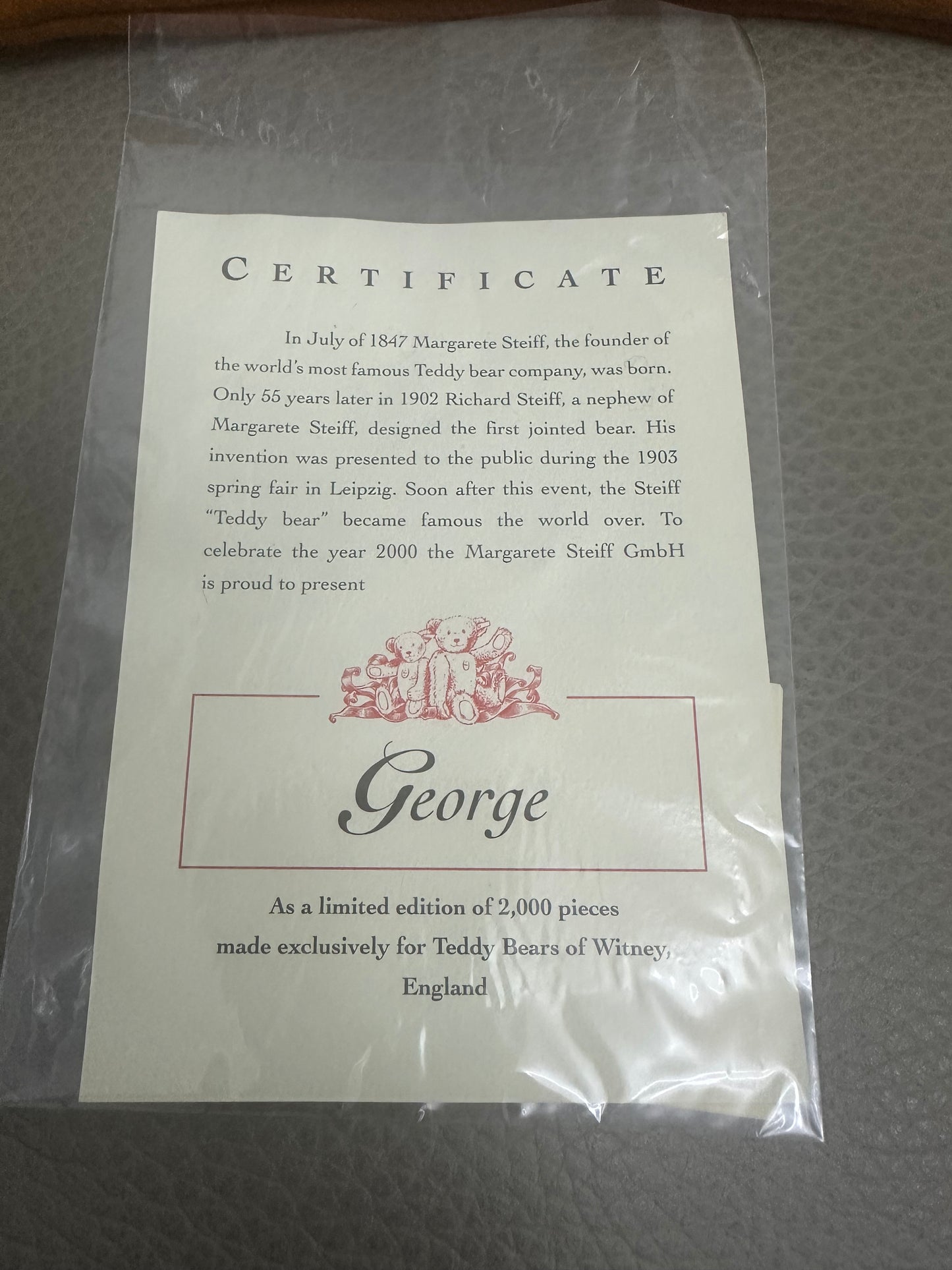 Steiff "George" teddy bear,2000 limited edition for Teddy Bears of Witney