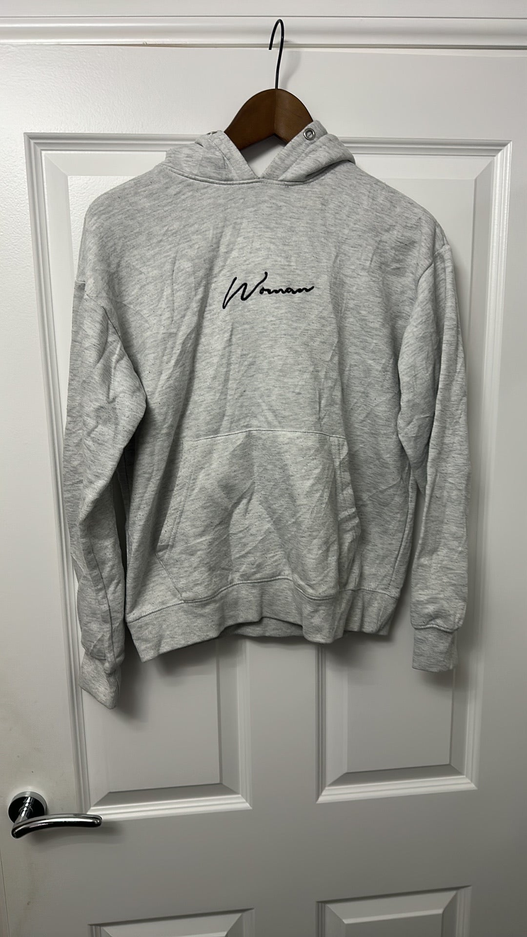 Boohoo Woman Slogan Hoodie in Heather Grey size Small