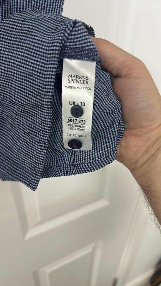 Marks & Spencer Indigo Blue Gingham Short Sleeve Button-Up Shirt size 10