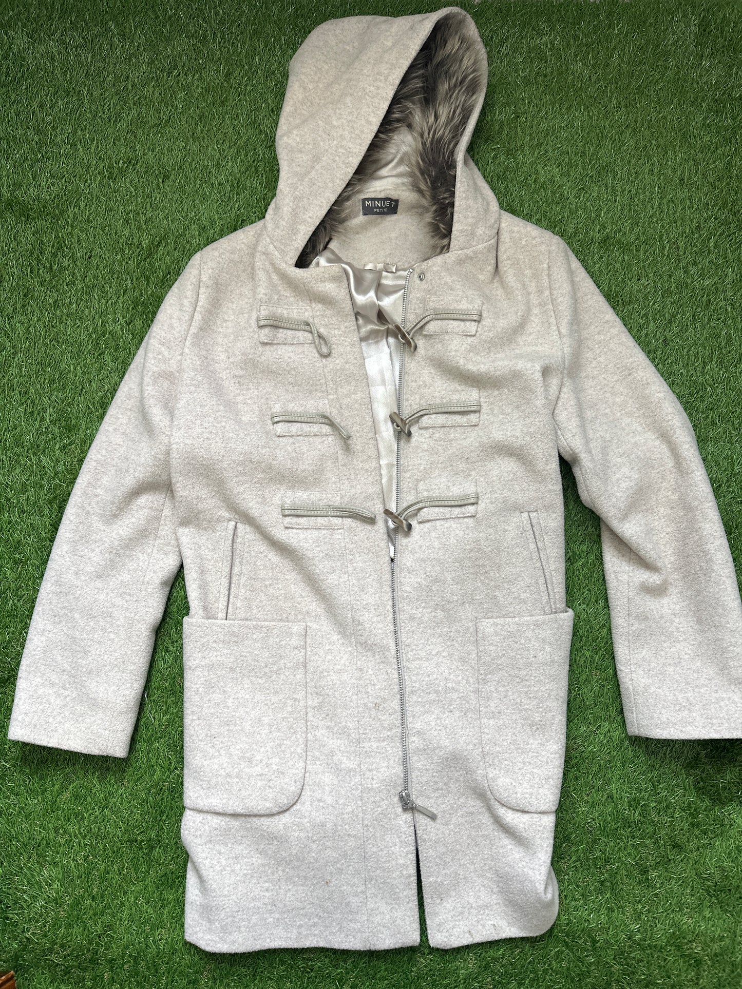 Minuet Petite Cream / Oatmeal Hooded Duffle Coat with Faux Fur Lining size 14