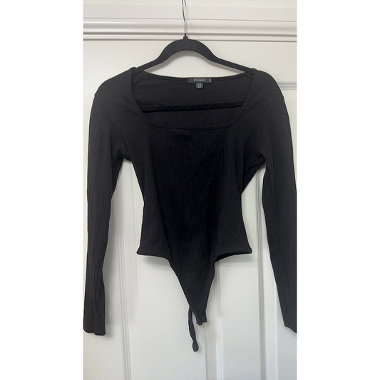 Missguided Black Ribbed Long Sleeve Bodysuit, Square Neck, UK 12