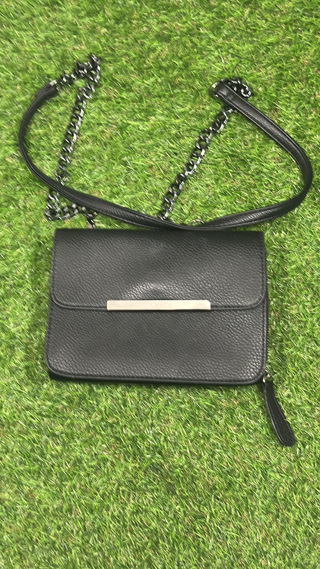 L.Credi Black Pebbled Faux Leather Crossbody Bag with Chain Detail