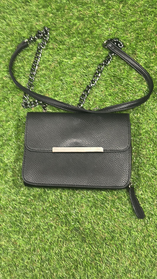L.Credi Black Pebbled Faux Leather Crossbody Bag with Chain Detail