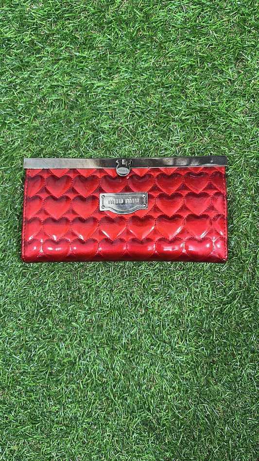 Vintage Miu Miu Red Vernice Heart Quilted Framed Wallet
