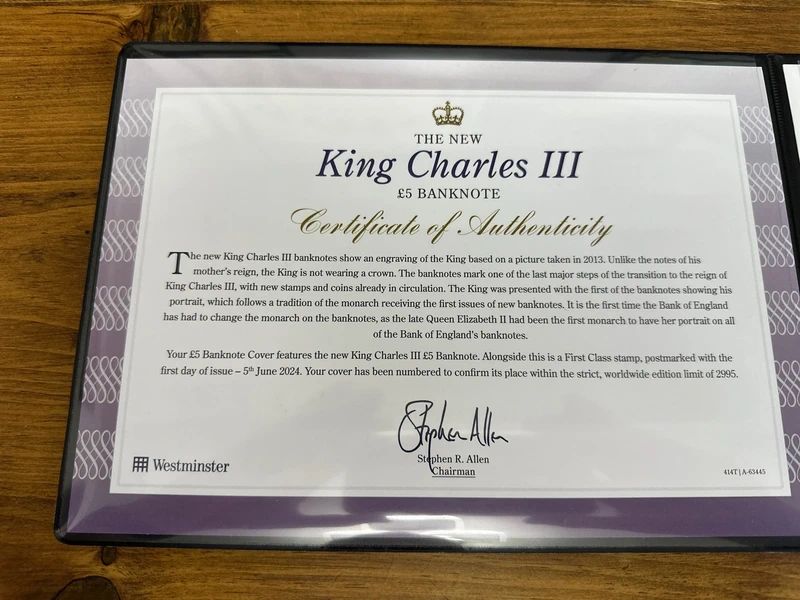 “The New King Charles III £5 Banknote" first day cover
