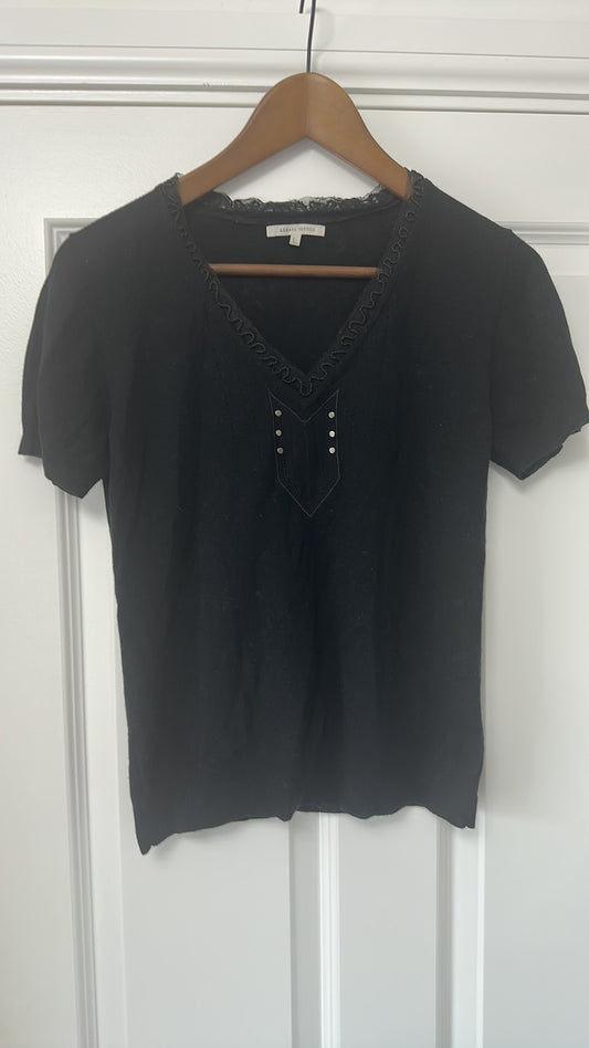 Armand Ventilo Black Beaded Lace V-Neck Knit Top size Large